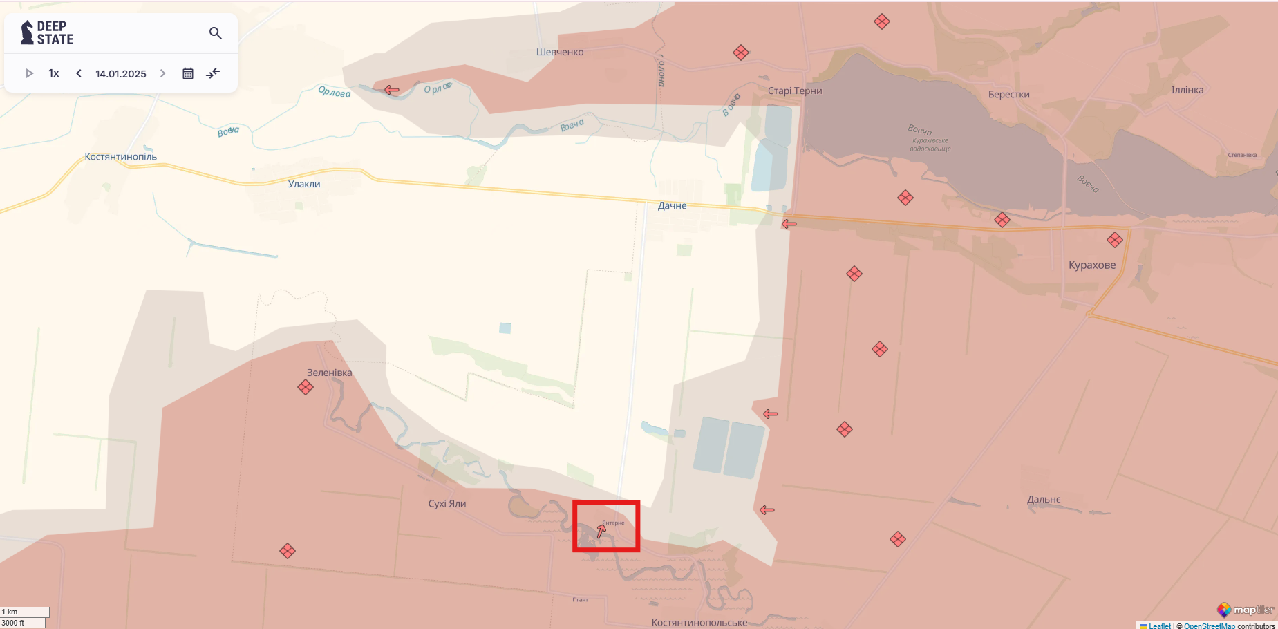 Орієнтовна карта бойових дій станом на 14 січня о 23:54 / DeepStateMAP