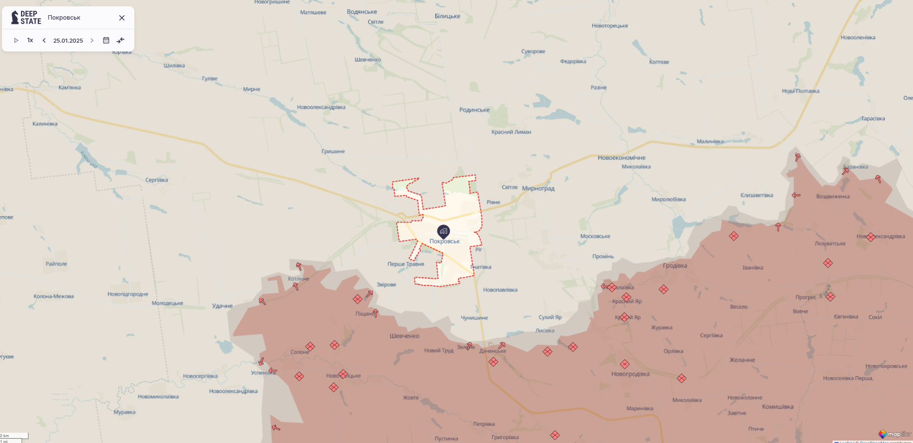 Орієнтовна карта бойових дій станом на 25 січня о 23:41 / DeepStateMAP