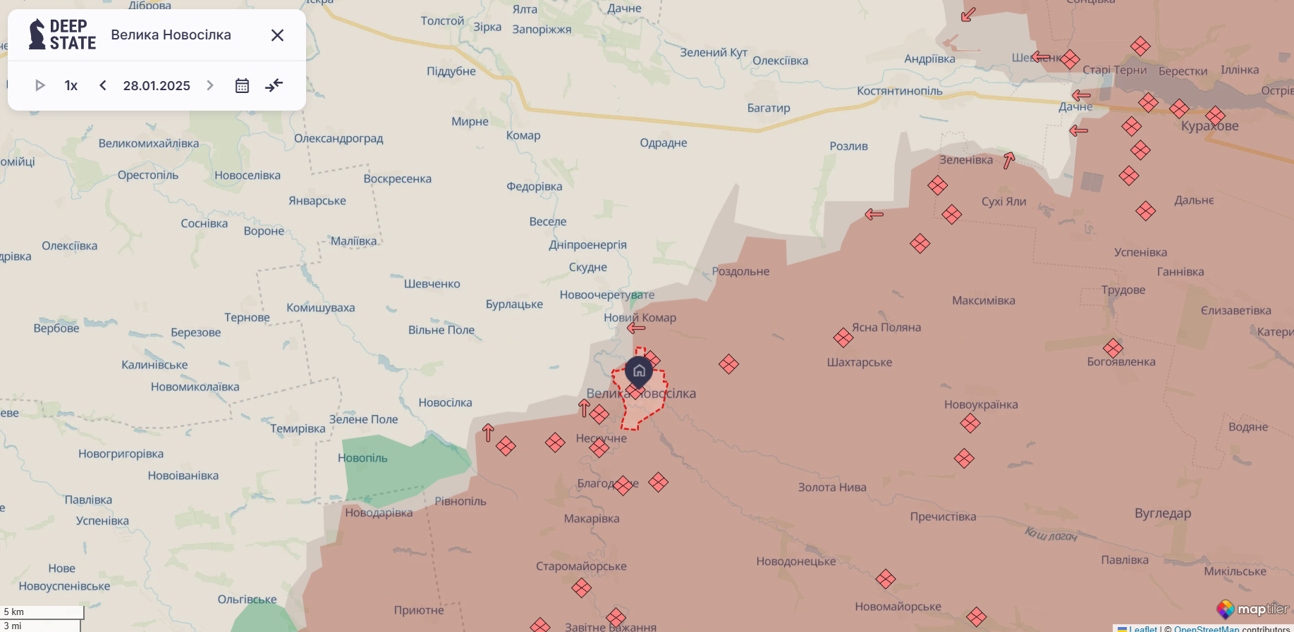 Орієнтовна карта бойових дій станом на 28 січня о 23:42 / DeepStateMAP