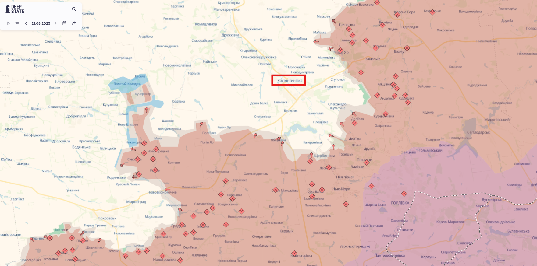 Орієнтовна карта бойових дій станом на 21 серпня о 23:01 / DeepStateMap
