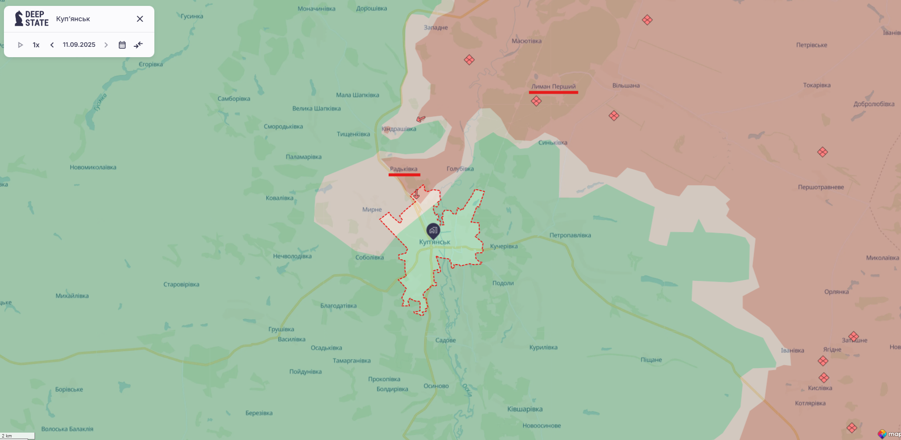 Орієнтовна карта бойових дій станм на 11 вересня о 22:47 / DeepStateMap