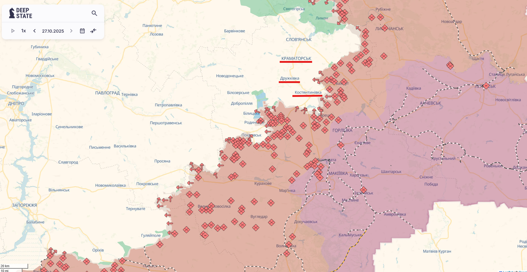 Орієнтовна карта бойових дій станом на 27 жовтня о 22:32 / DeepStateMap