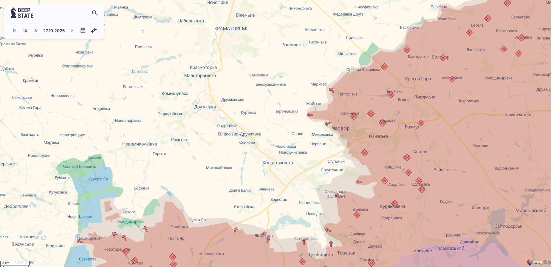 Орієнтовна карта бойових дій станом на 27 жовтня о 22:32 / DeepStateMap