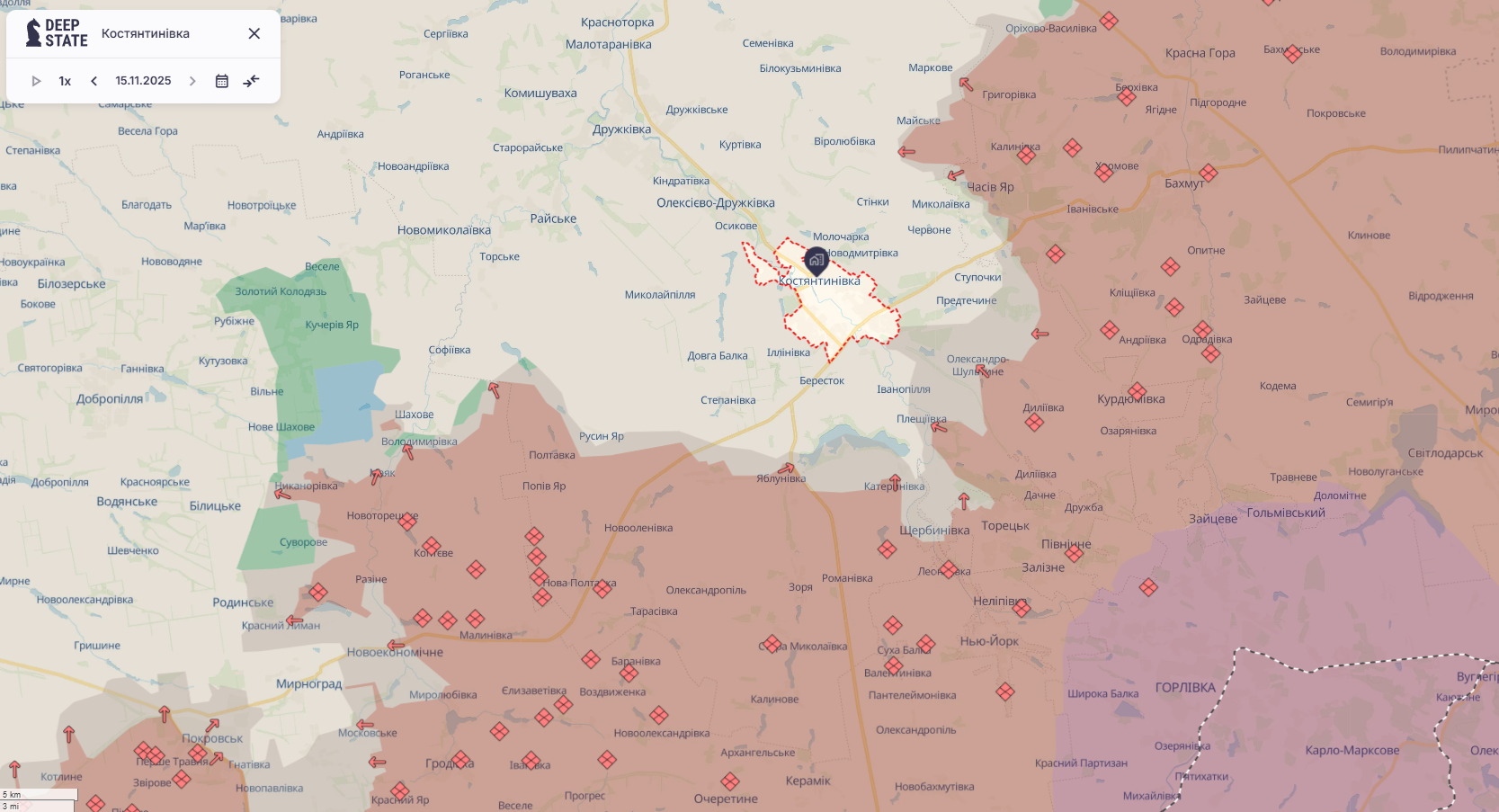 Орієнтовна карта бойових дій станом на 15 листопада о 23:44 / DeepStateMap