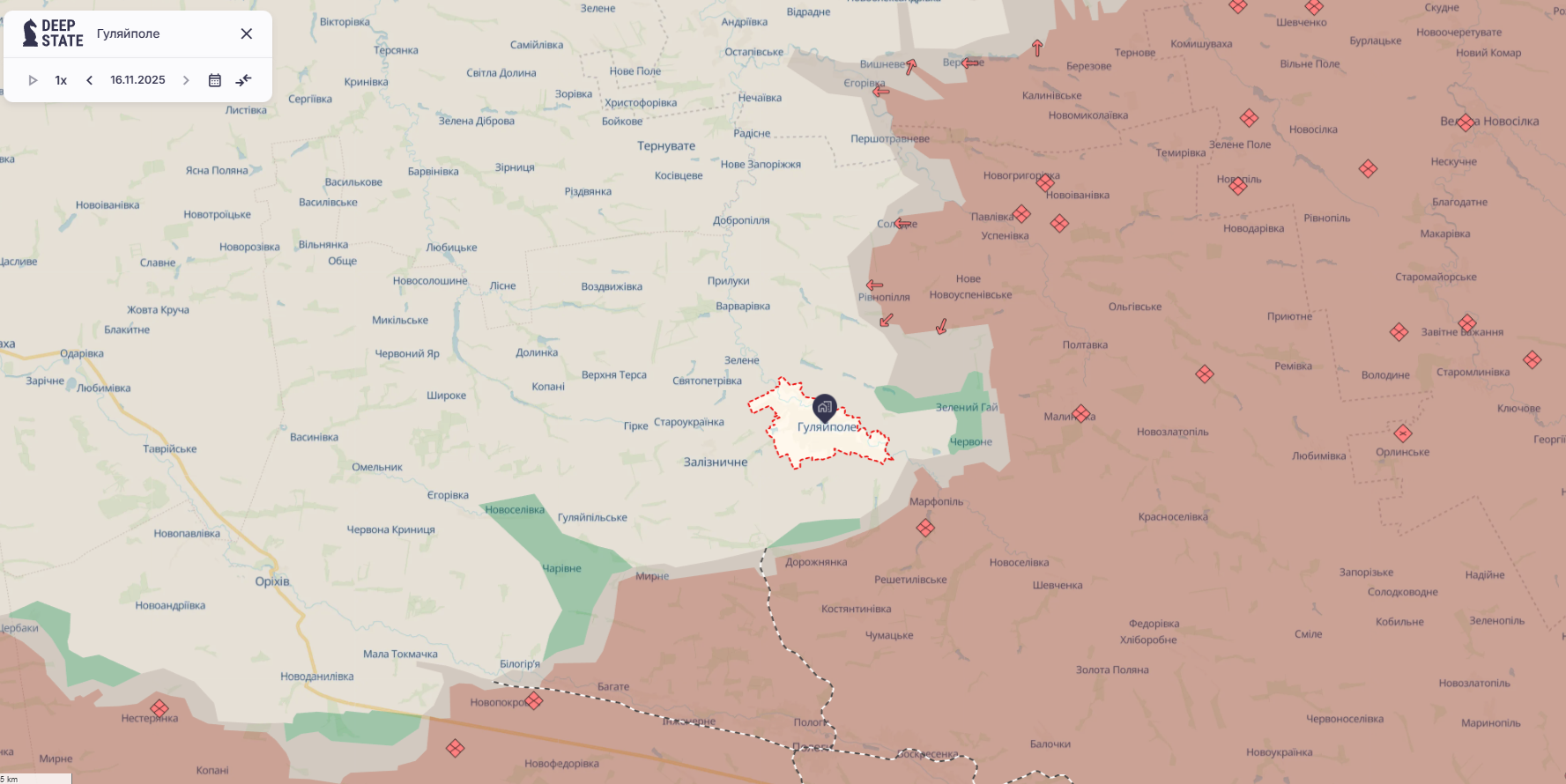 Орієнтовна карта бойових дій станом на 16 листопада о 23:33 / DeepStateMap