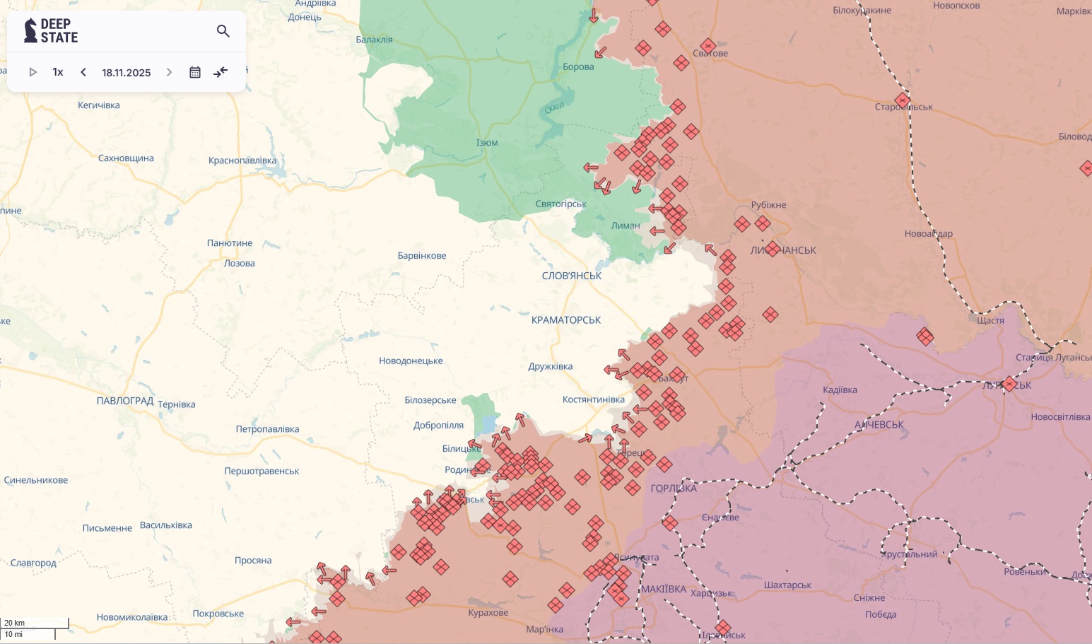 Орієнтовна карта бойових дій станом на 18 листопада о 23:30 / DeepStateMap