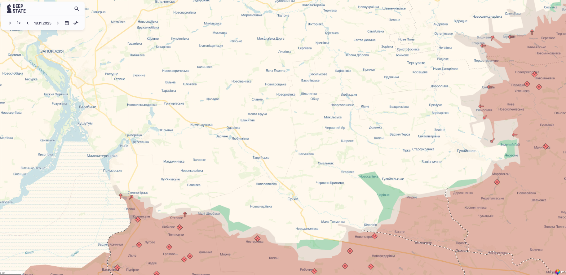 Орієнтовна карта бойових дій станом на 18 листопада о 23:30 / DeepStateMap