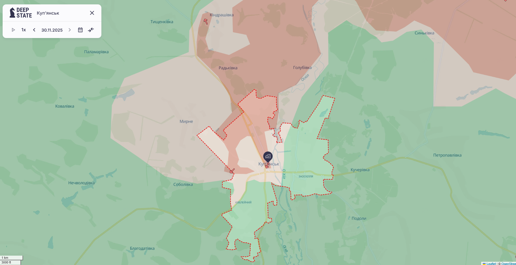 Орієнтовна карта бойових дій в районі Куп'янська станом на 30 листопада о 23:09 / DeepStateMap