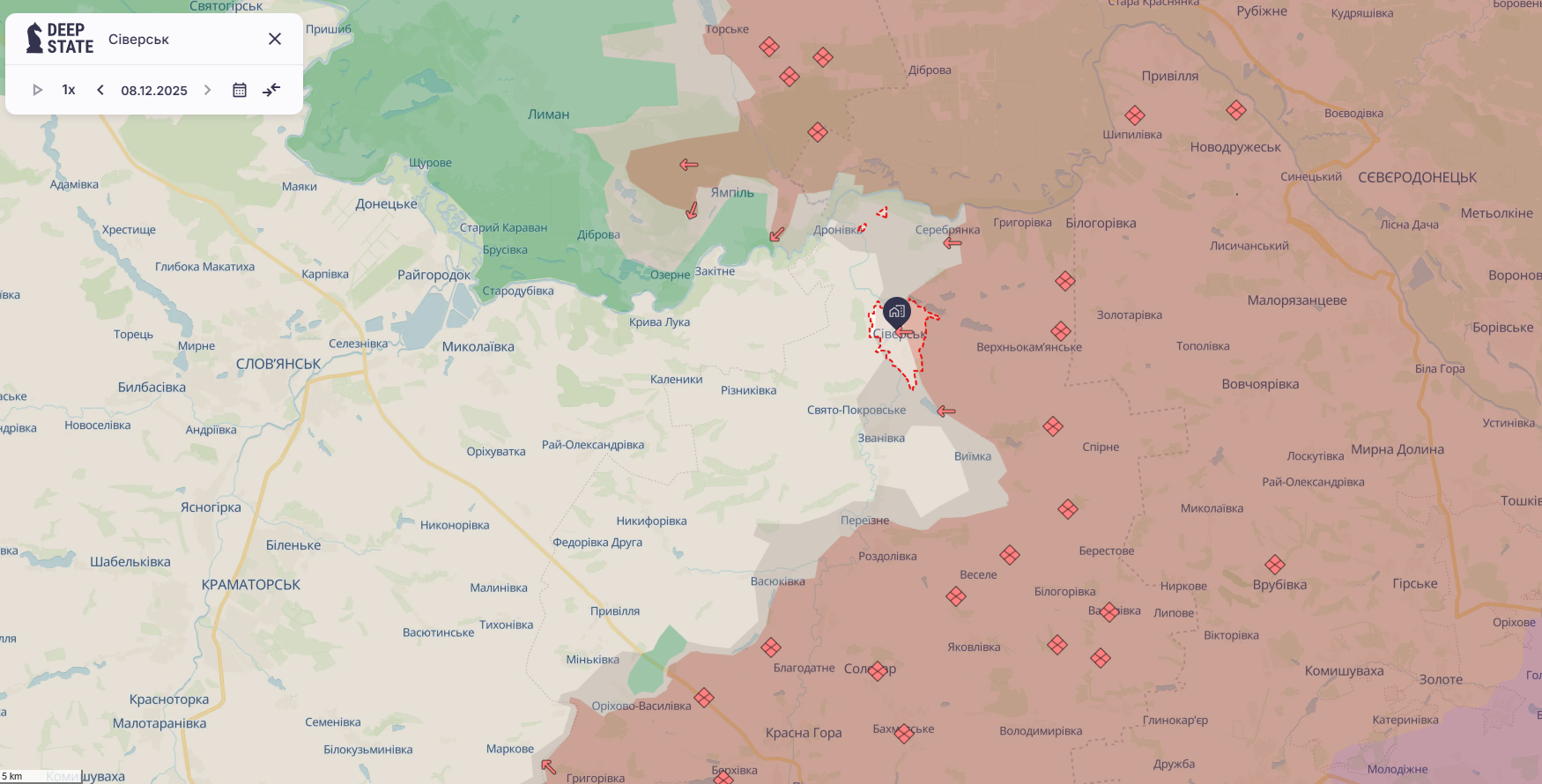 Орієнтовна карта бойових дій станом на 8 грудня о 21:05 / DeepStateMap