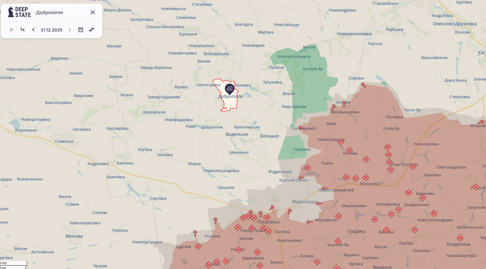 Орієнтовна карта бойових дій станом на 21 грудня о 22:47 / DeepStateMap