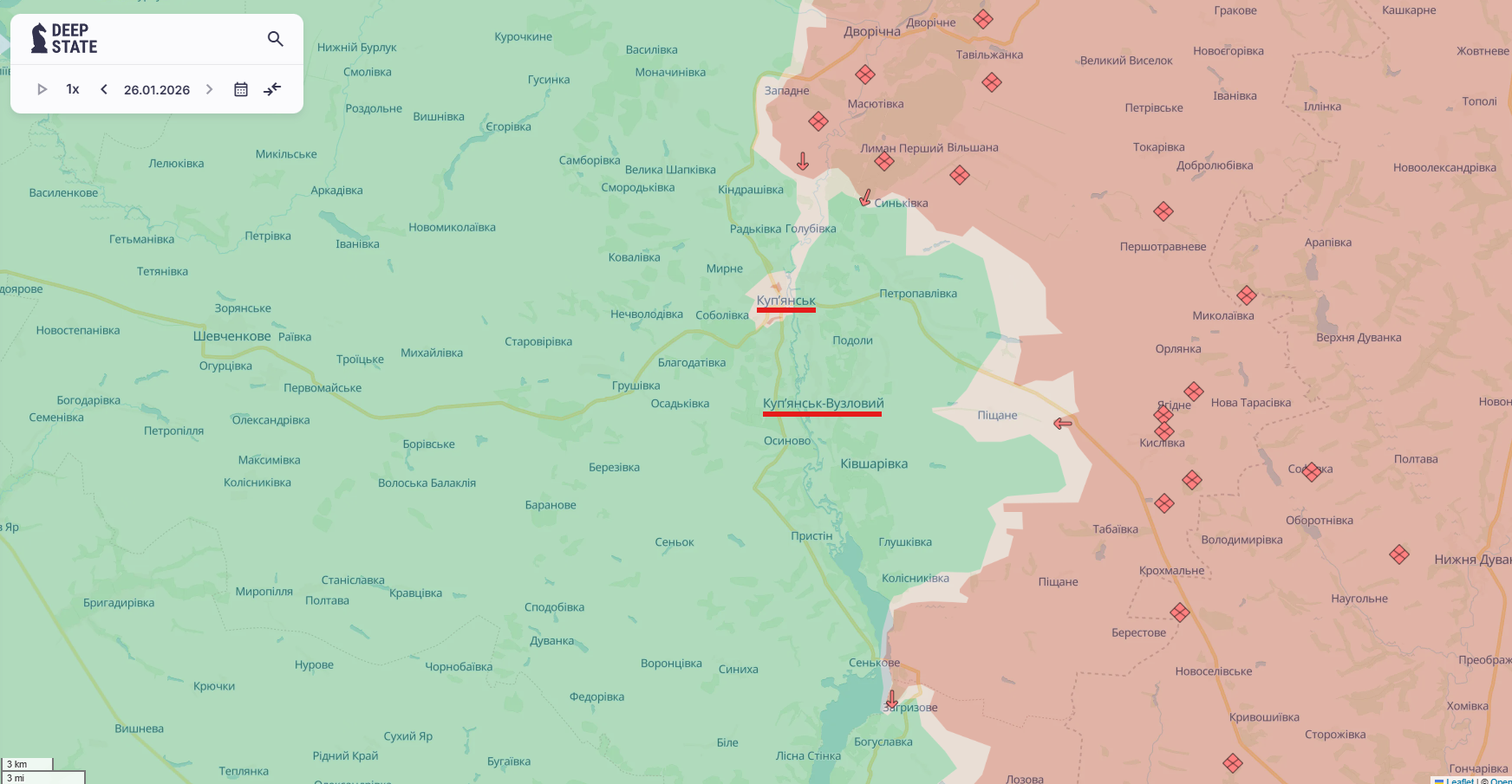 Ориентировочная карта боевых действий по состоянию на 26 января в 23:47 / DeepStateMap