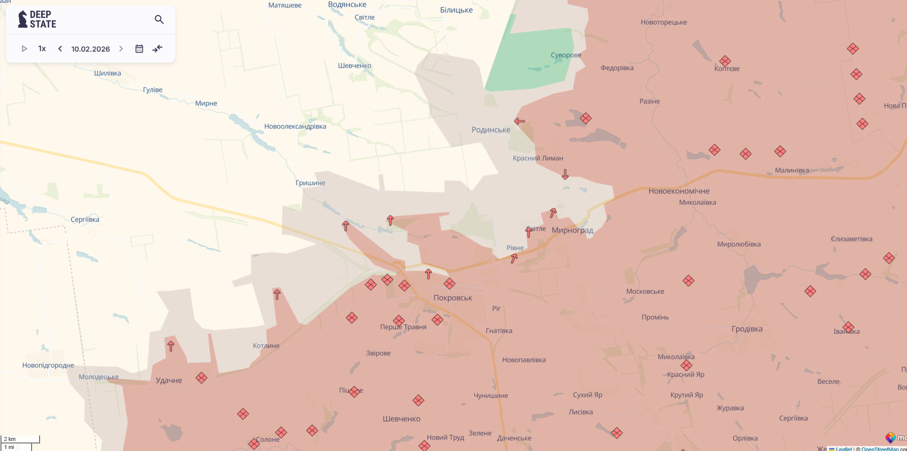 Ориентировочная карта боевых действий по состоянию на 10 февраля в 22:38 / DeepStateMap