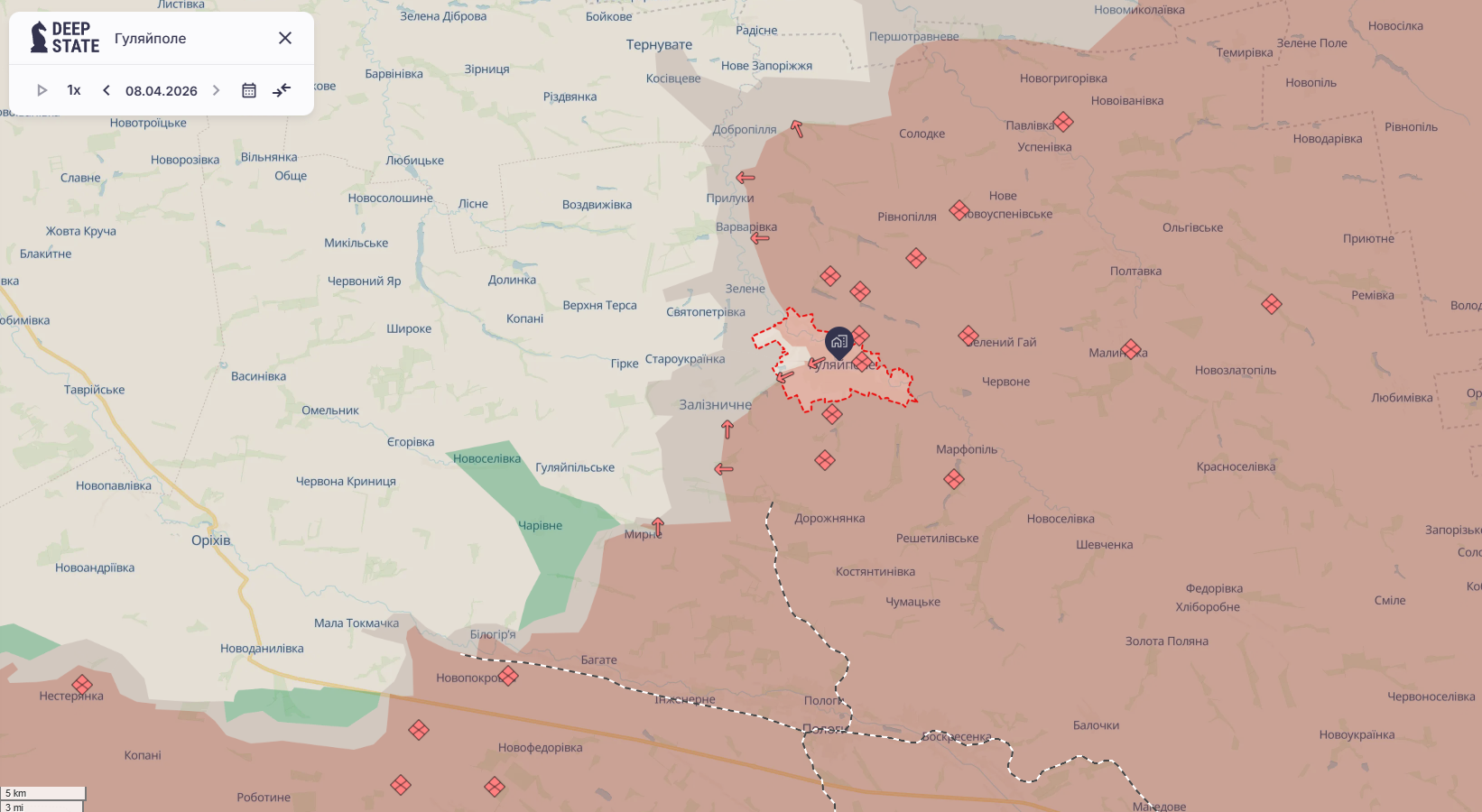 Ориентировочная карта боевых действий по состоянию на 8 апреля в 23:25 / DeepStateMap