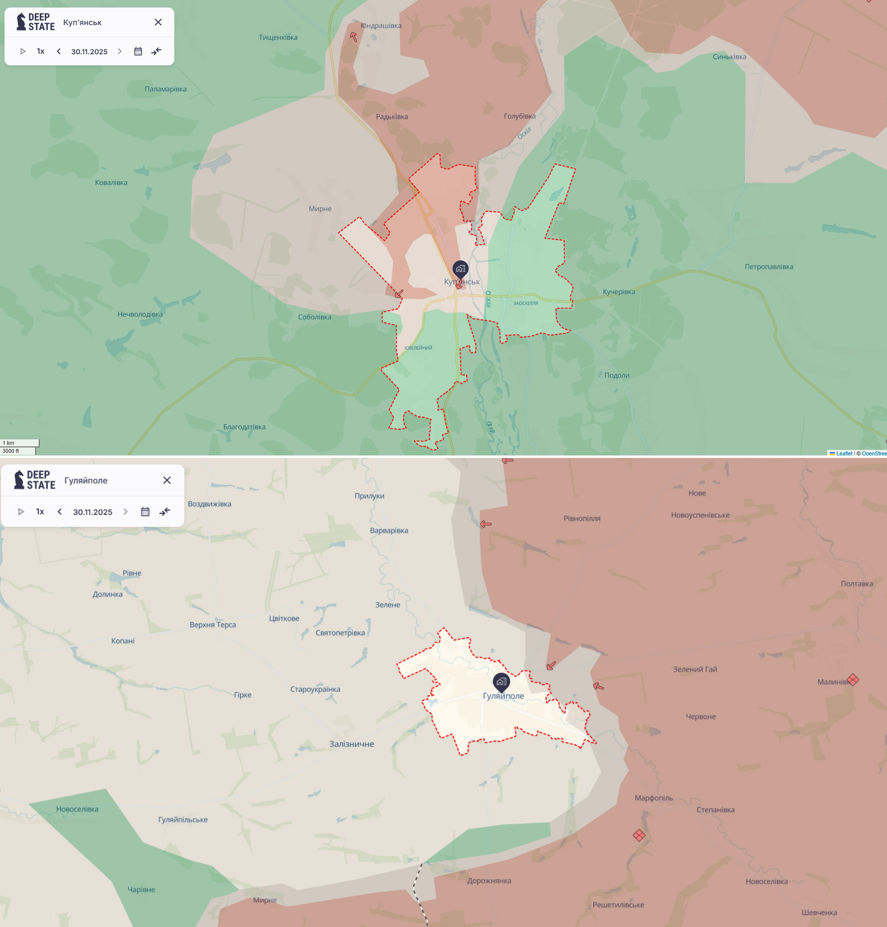 Орієнтовна карта бойових дій в районі Куп'янська і Гуляйполя станом на 30 листопада о 23:09 / DeepStateMap