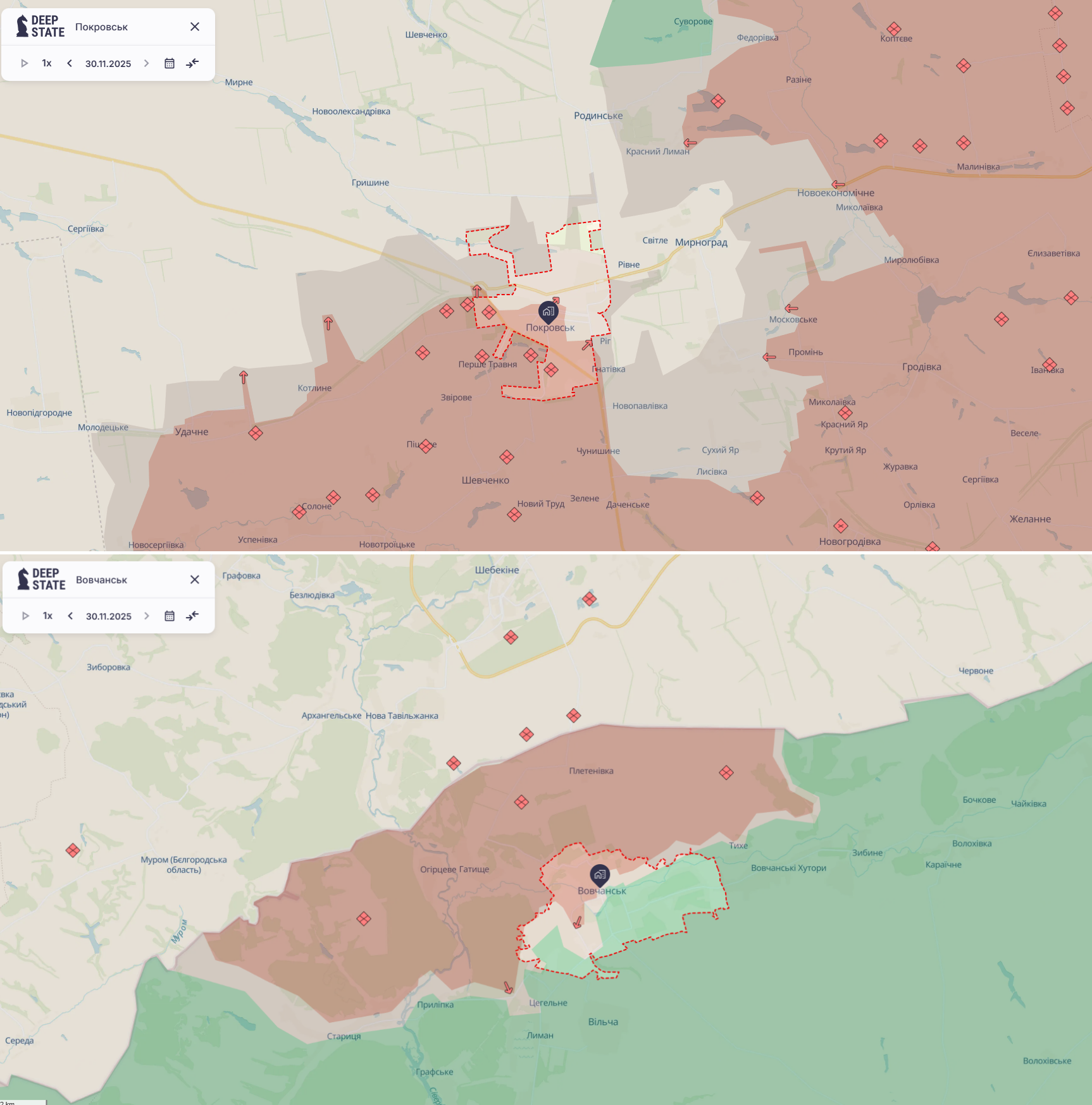 Орієнтовна карта бойових дій в районі Покровська і Вовчанська станом на 30 листопада о 23:09 / DeepStateMap
