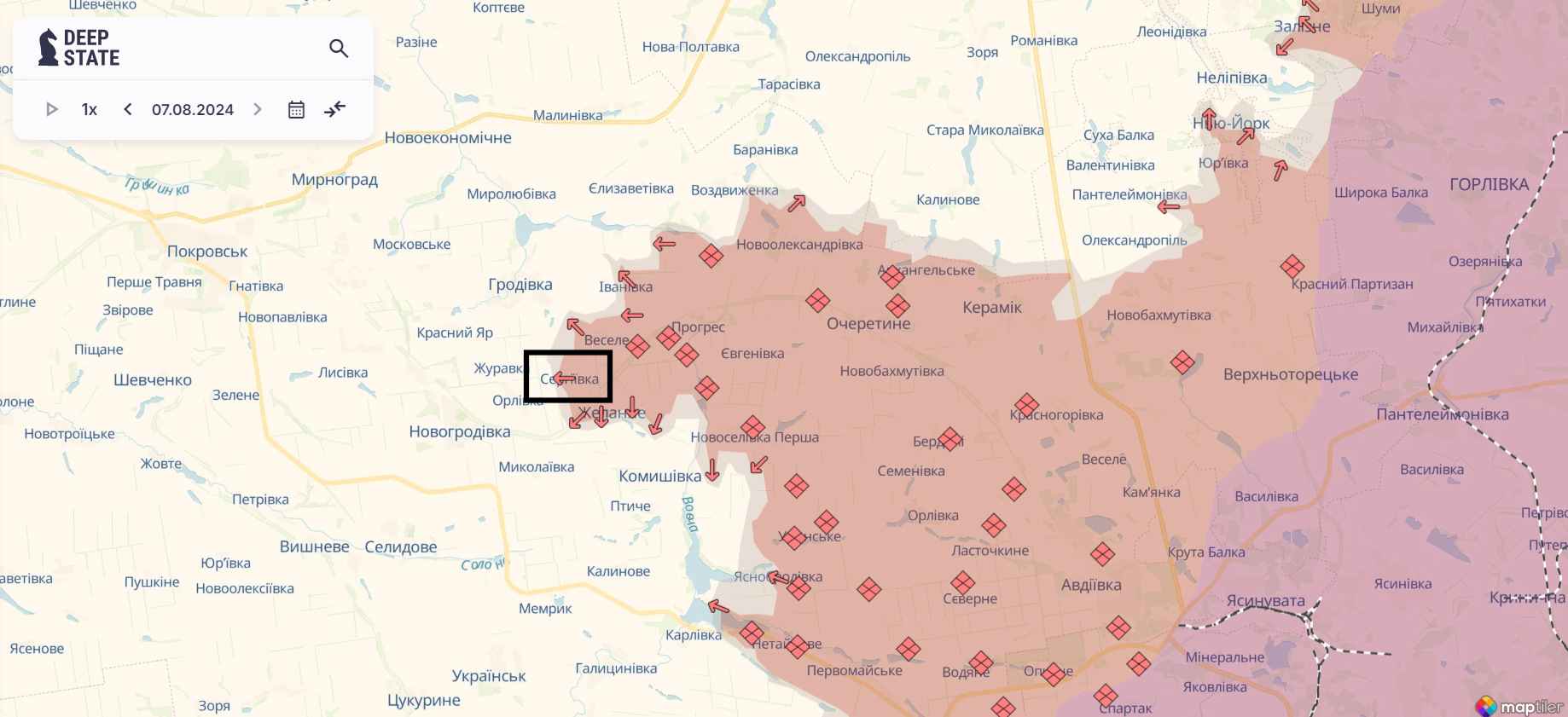 Орієнтовна карта бойових дій станом на 7 серпня о 22:40 / DeepStateMAP
