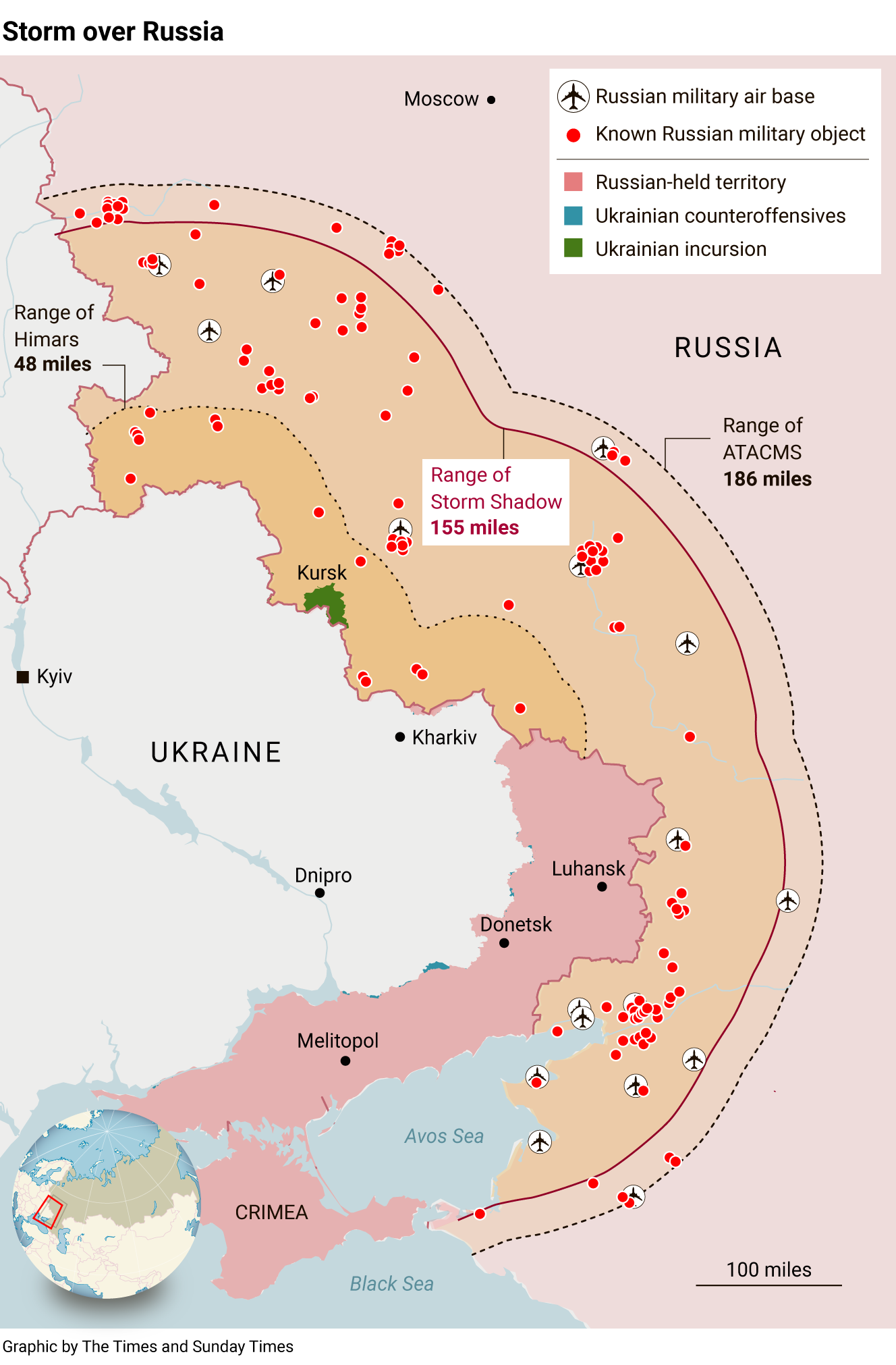 Межі досяжності західних далекобійних ракет по території Росії / The Times