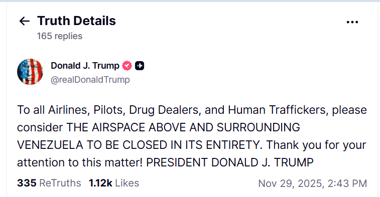 Трамп оголосив про закриття повітряного простору над Венесуелою