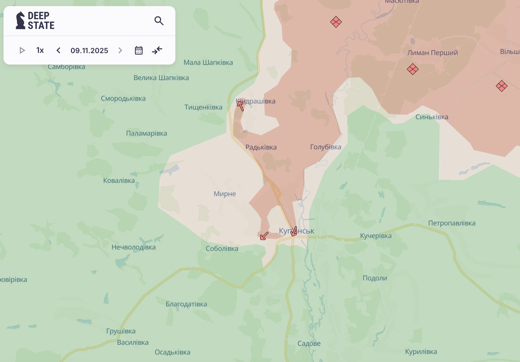 Ситуація у Купʼянську станом на 22:25 9 листопада. Мапа DeepState. Ситуація у Купʼянську станом на 22:25 9 листопада. Мапа DeepState.