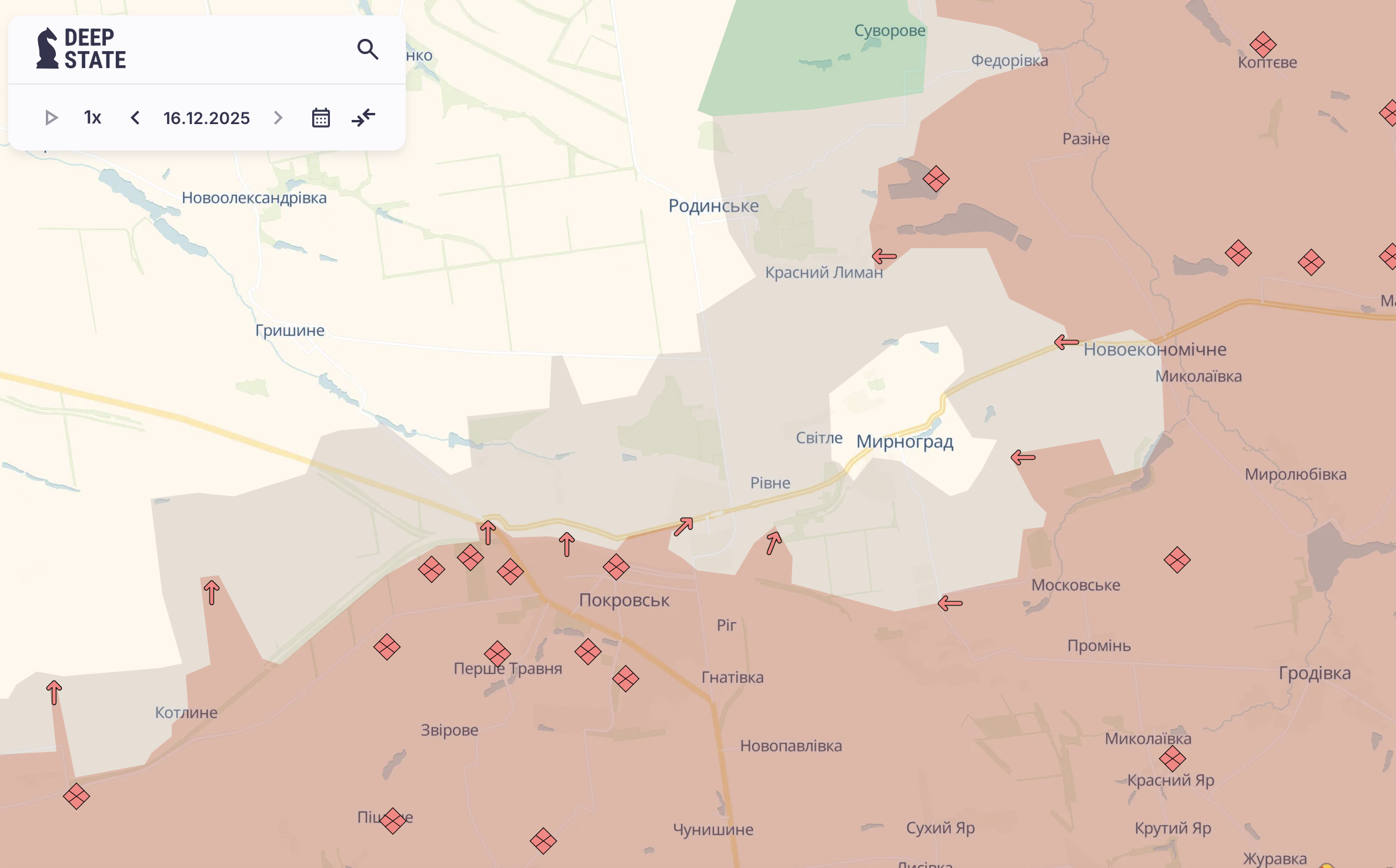 Орієнтовна карта бойових дій станом на 16 грудня о 18:49 / DeepStateMap Орієнтовна карта бойових дій станом на 16 грудня о 18:49 / DeepStateMap