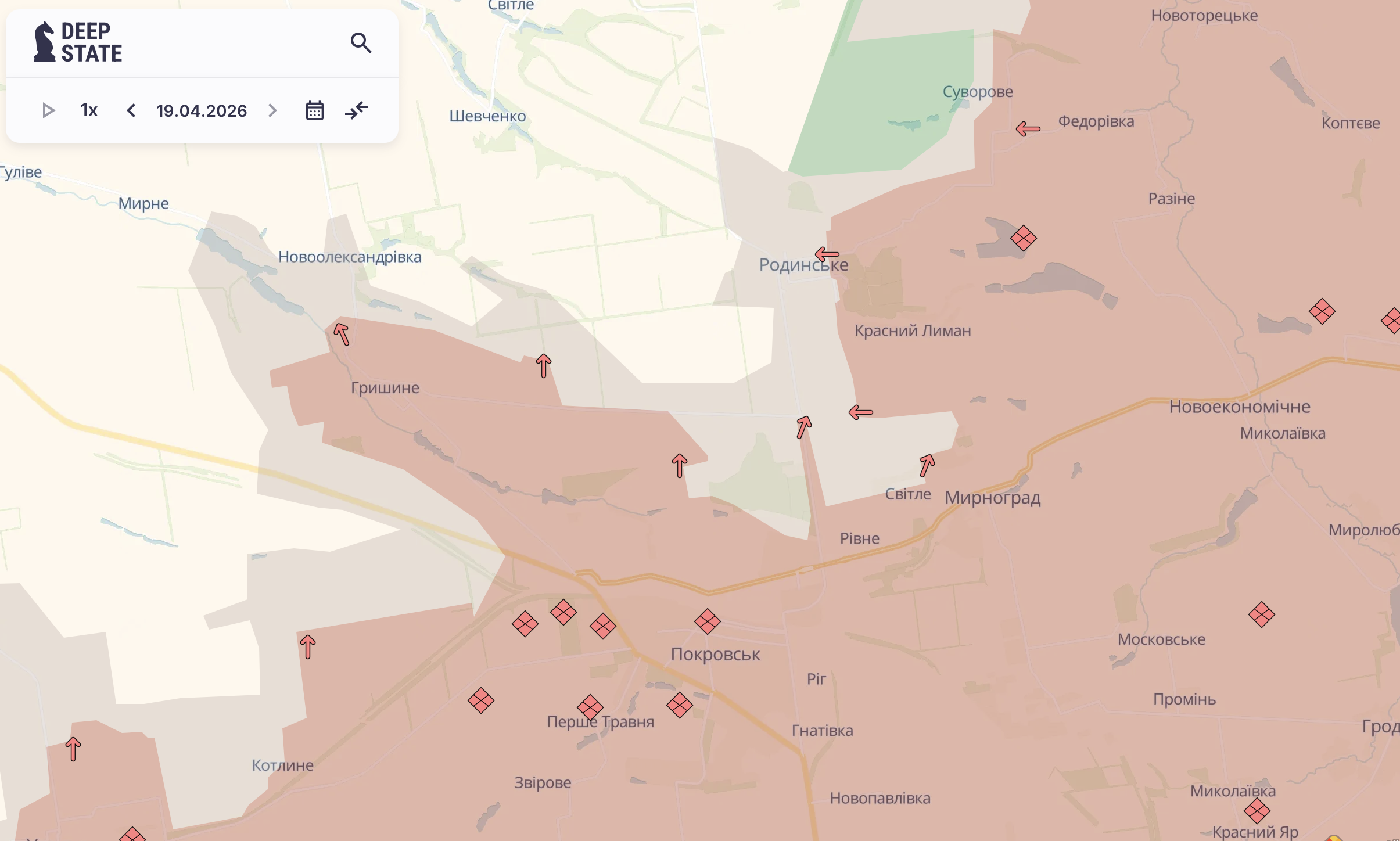 Орієнтовна карта бойових дій станом на 19 квітня о 21:07/DeepStateMap