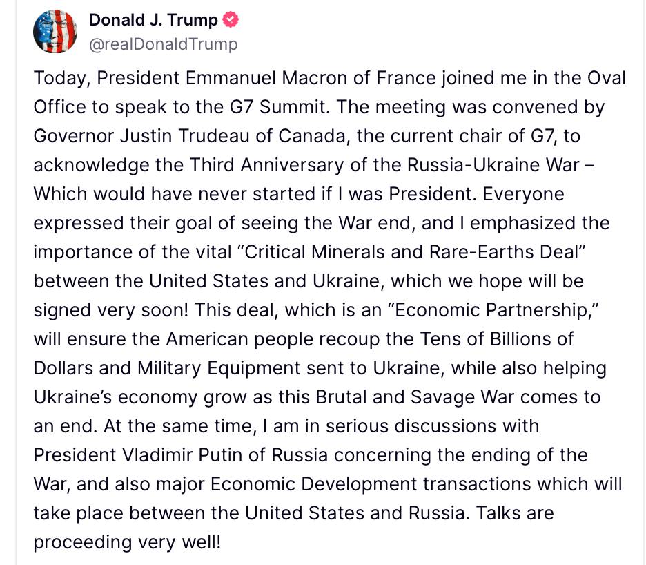 Трамп розповів про переговори з Путіним щодо економічних проєктів та завершення війни