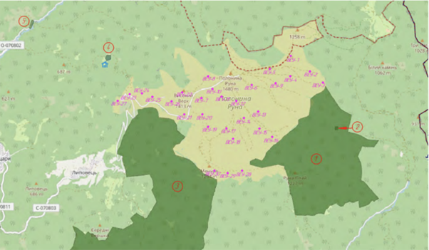 Картосхема зі звіту з ОВД ТОВ «Вітряний парк Турянський» із проєктованим розташуванням ВЕУ на Руні та межами наявних поруч територій ПЗФ (відсутні межі двох пралісових пам’яток площею 643,9 га та 98,6 га, які також розташовані навколо Руни)