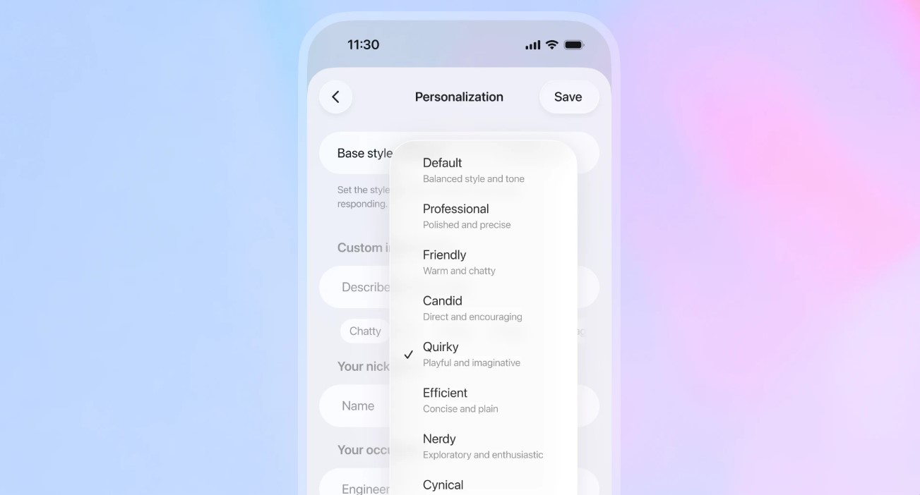 Вибір тону спілкування ChatGPT.