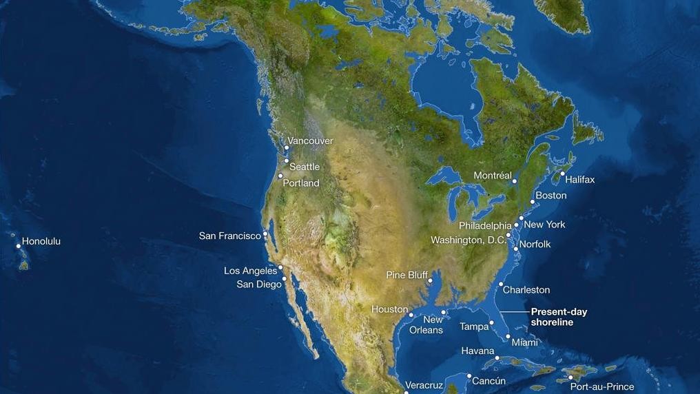 В Северной Америке в воду погрузится все Атлантическое побережье США, включая Флориду и берег Мексиканского залива. Под водой окажется также большая часть Калифорнии.