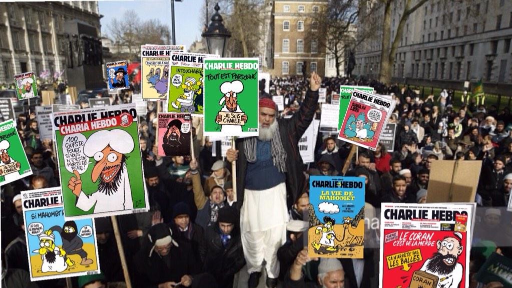 В руках у демонстрантов были плакаты со словами "Чарли и фабрика оскорблений", "Любим пророка больше своей жизни" и "Научитесь хорошим манерам!"