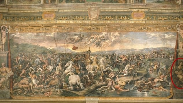 Алегорія справедливості видно праворуч від фрески, що зображує битву Костянтина з Максенціем